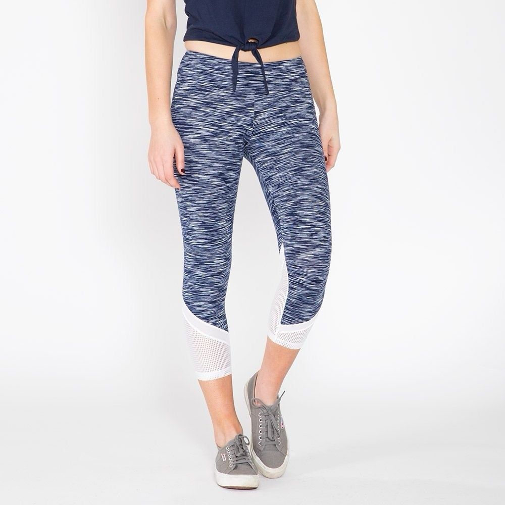 Lanston Sport Leggings Small Cropped Navy White Heather Stripe Mesh Calf NWT